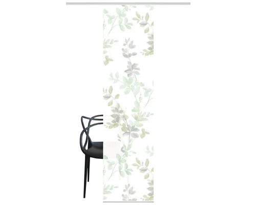 Schiebegardine mit Blättermuster und schwarzem Stuhl