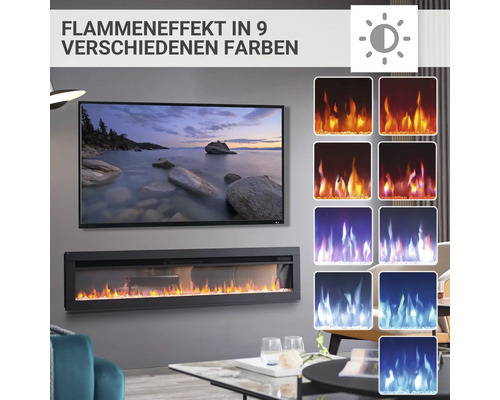 Dekorativer Elektrokamin mit neun verschiedenen Flammeneffekten zur Wandmontage unter einem Fernseher