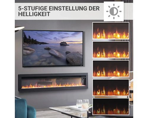 Elektrischer Kamin mit fünfstufiger Helligkeitseinstellung unter einem Fernseher