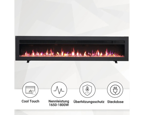 Elektrischer Kamin mit Kühlfunktion, Leistungsangabe, Überhitzungsschutz und Steckdose