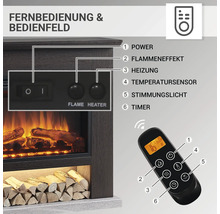 Nahaufnahme eines elektrischen Kamins mit Bedienfeld und Fernbedienung zur Steuerung von Leistung, Flammeneffekt, Heizung, Temperatursensor, Stimmungslicht und Timer