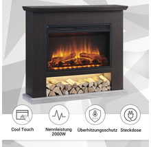Elektrischer Kamin mit Holzdekor und den Symbolen Kühle Berührung, Nennleistung 2000 Watt, Überhitzungsschutz und Steckdose.