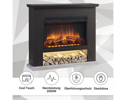Elektrischer Kamin mit Holzdekor und den Symbolen Kühle Berührung, Nennleistung 2000 Watt, Überhitzungsschutz und Steckdose.