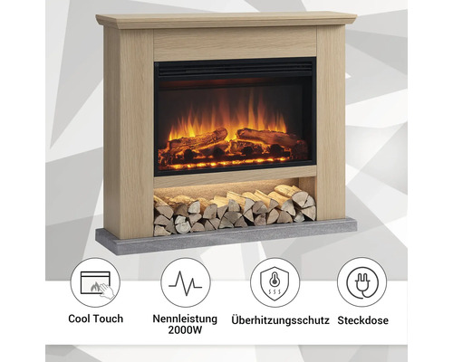 Elektrischer Kamin mit Holzdekor und Holzscheitlagerung