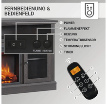 Elektrischer Kamin mit Fernbedienung und Bedienfeld.