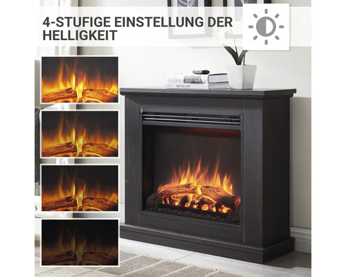 Elektrischer Kamin mit vierstufiger Helligkeitseinstellung.