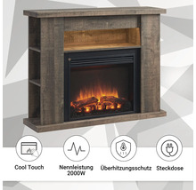 Elektrischer Kamin mit Regalen und den Symbolen: Kühle Berührung, Nennleistung 2000W, Überhitzungsschutz und Steckdose