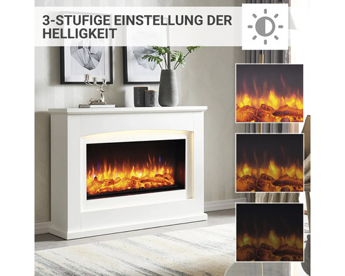 Elektrischer Kamin mit dreistufiger Helligkeitseinstellung im Wohnzimmer.