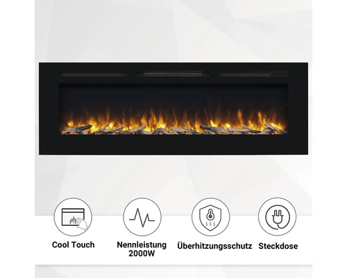 Elektrokamin mit Kühlkörper, Nennleistung 2000 Watt, Überhitzungsschutz und Steckdose