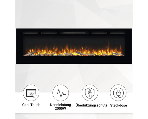 Elektrischer Kamin mit Flammenoptik und den Symbolen Cool Touch, Nennleistung 2000W, Überhitzungsschutz und Steckdose