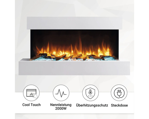Dekokamin mit Flammen und Symbolen für Kühlkörper, Nennleistung 2000 Watt, Überhitzungsschutz und Steckdose