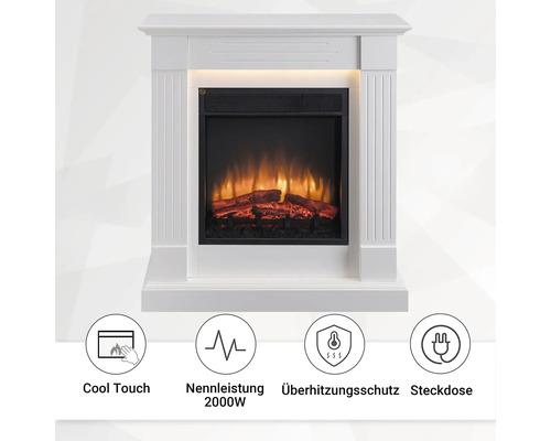Weißer Elektrokamin mit Flammeneffekt und Sicherheitsfunktionen wie Überhitzungsschutz