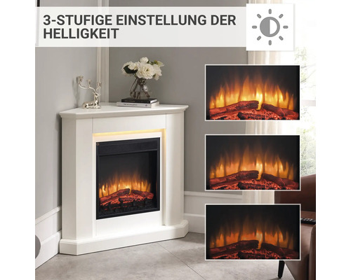 Weißer Eckkamin mit simuliertem Feuer und dreistufig einstellbarer Helligkeit