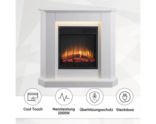 Weißer Eckkamin mit simuliertem Feuer und den Symbolen: Kühle Berührung, Nennleistung 2000W, Überhitzungsschutz, Steckdose