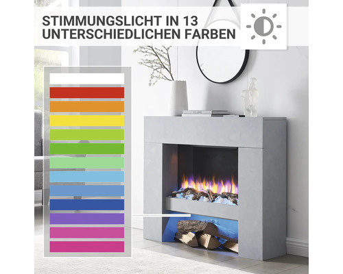 Elektrischer Kamin mit Ambientebeleuchtung in 13 Farben im Wohnzimmer.