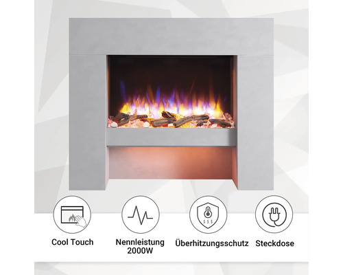 Elektrischer Kamin mit Kühlkörper, Nennleistung 2000 Watt, Überhitzungsschutz und Steckdose