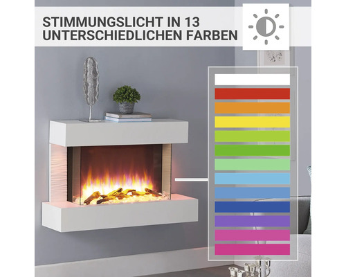 Wandkamin mit dreizehn verschiedenen Farboptionen und simulierten Flammen