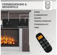 Bedienfeld und Fernbedienung eines Elektrokamins mit Funktionen wie Leistung, Flammeneffekt, Heizung, Temperatursensor, Stimmungslicht und Timer
