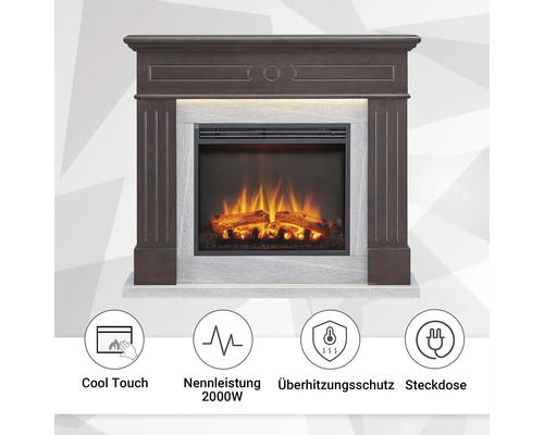 Dekorativer Elektrokamin mit Holzeffekt und den Symbolen Kühle Berührung, Nennleistung 2000 Watt, Überhitzungsschutz und Steckdose