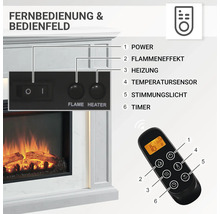Bedienfeld und Fernbedienung eines Elektrokamins mit verschiedenen Funktionen