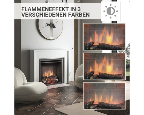 Dekorativer elektrischer Kamin mit Flammeneffekt in drei verschiedenen Farben in einem Wohnzimmer