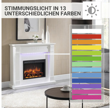 Dekorativer Elektrokamin mit 13 verschiedenen Stimmungslichtfarben in einem Wohnzimmer.
