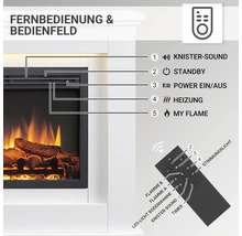Elektrokamin mit Erklärungen zu Fernbedienung und Bedienfeld