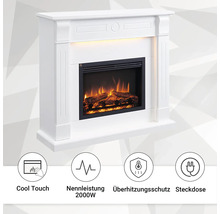 Elektrokamin mit Flammenillusion und den Symbolen Kühle Berührung, Nennleistung 2000 Watt, Überhitzungsschutz und Steckdose