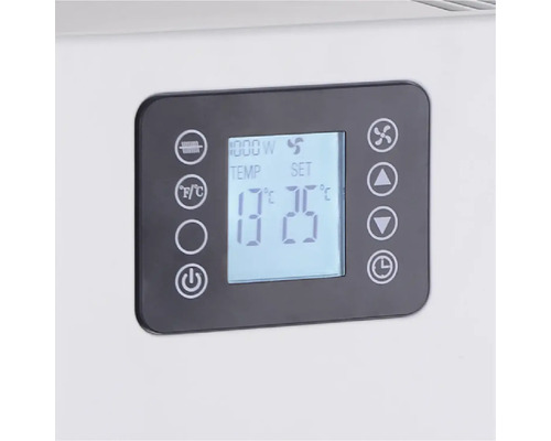 Display eines Heizgeräts mit Temperaturanzeige und Bedienelementen