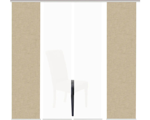 Flächenvorhang mit Leinwandstruktur vor einem Stuhl