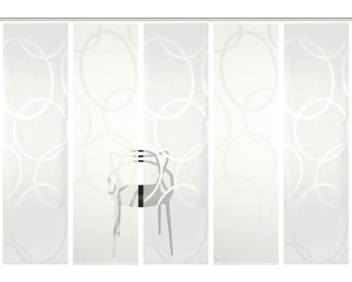 Schiebetüren mit Kreismuster und transparentem Stuhl