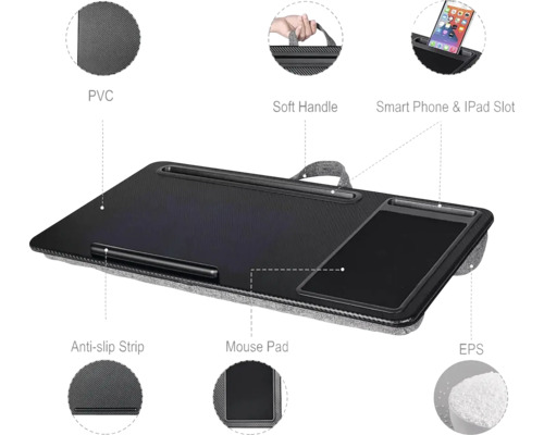 Knieschreibtisch mit PVC-Oberfläche, Griff, Smartphone- und Tablet-Halterung, Antirutschleiste, Mauspad und EPS-Füllung