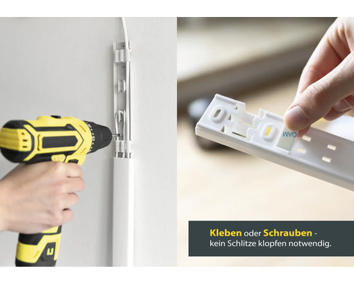 Anbringen einer weißen Kabelführungsschiene mit einem Akkuschrauber