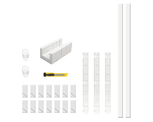 Regalbauteile, bestehend aus Schienen, Halterungen, einer Schneidlade und einem Cutter