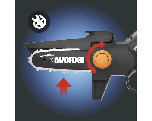 Darstellung einer Akku-Kettensäge mit Schnittlänge 12 cm und dem Worx Logo. Eine Pfeilgrafik deutet die Drehfunktion an. Zusätzlich ist ein Symbol für Wartung dargestellt.