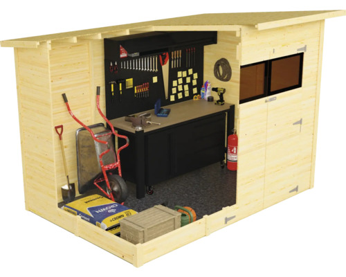 Holzschuppen mit Werkbank, Werkzeugen und Gartengeräten