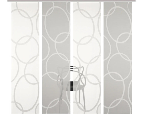 Schiebegardine mit Kreis Muster vor einem Stuhl