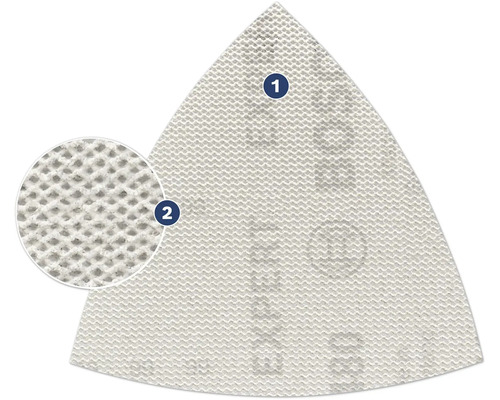 Dreieckschleifpapier mit Kletthaftung und Detailaufnahme der Schleifpapierstruktur