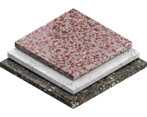 Vier Arbeitsplatten aus unterschiedlichen Materialien