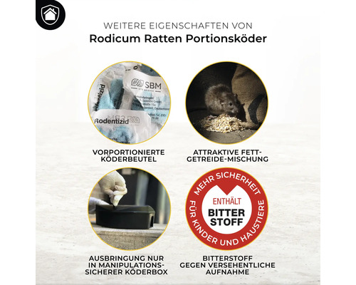 Rodicum Ratten Portionsköder Produkteigenschaften: vorportionierte Köderbeutel, attraktive Fett-Getreide-Mischung, Ausbringung nur in manipulationssicherer Köderbox, Bitterstoff gegen versehentliche Aufnahme