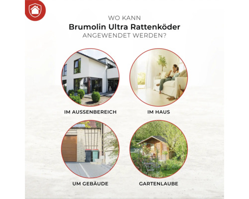Anwendungsbereiche von Brumolin Ultra Rattenköder: im Aussenbereich, im Haus, um Gebäude, Gartenlaube.