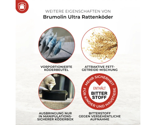 Brumolin Ultra Rattenköder Produkteigenschaften: vorportionierte Köderbeutel, attraktive Fett-Getreide-Mischung, Ausbringung in manipulationssicherer Köderbox, Bitterstoff gegen versehentliche Aufnahme