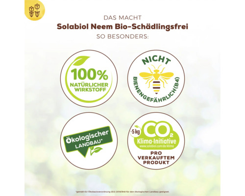Solabiol Neem Bio-Schädlingsfrei Eigenschaften: 100 Prozent natürlicher Wirkstoff, nicht bienengefährlich, ökologischer Landbau, Klima Initiative