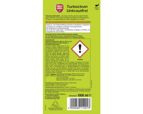 Turboclean Unkrautfrei von Protect Garden in einer 1000ml Flasche zur Unkrautbekämpfung auf Wegen und Plätzen mit Holzgewächsen.