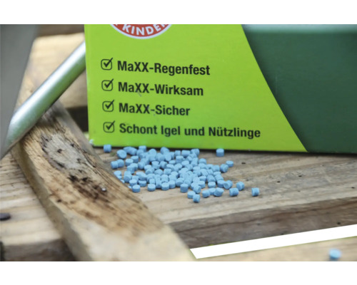 Schneckenkorn mit Hinweisen zu Regenfestigkeit, Wirksamkeit, Sicherheit und Schutz von Igeln und Nützlingen