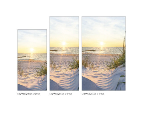 Drei Duschpaneele mit Strand Sonnenaufgang Motiv und verschiedenen Abmessungen