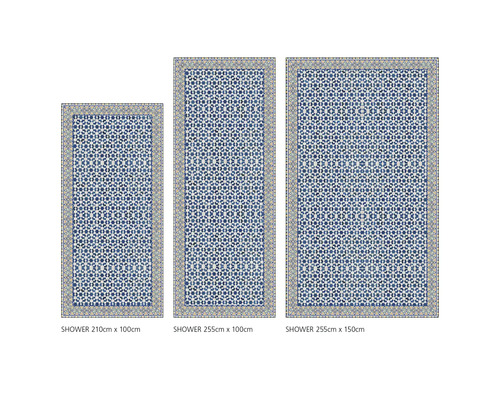 Drei Duschvorleger mit geometrischem Muster und unterschiedlichen Abmessungen.