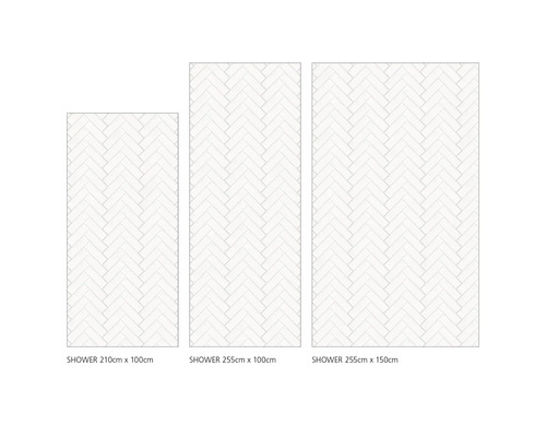 Drei Duschpaneele in verschiedenen Größen mit Fischgrätenmuster.