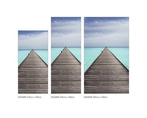 Drei Duschpaneele mit Motiv eines Holzstegs über dem Meer in verschiedenen Größen.