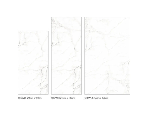 Drei Duschpaneele mit Marmoroptik in verschiedenen Größen